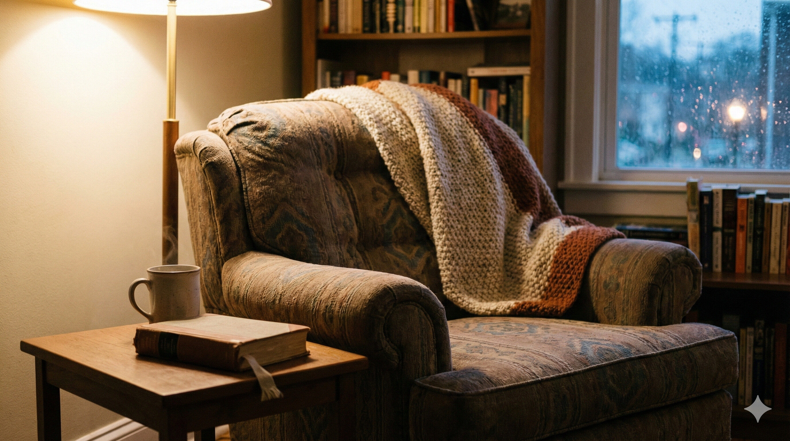 Deep armchair with a knitted blanket and a mug on the side table, beside a floor lamp