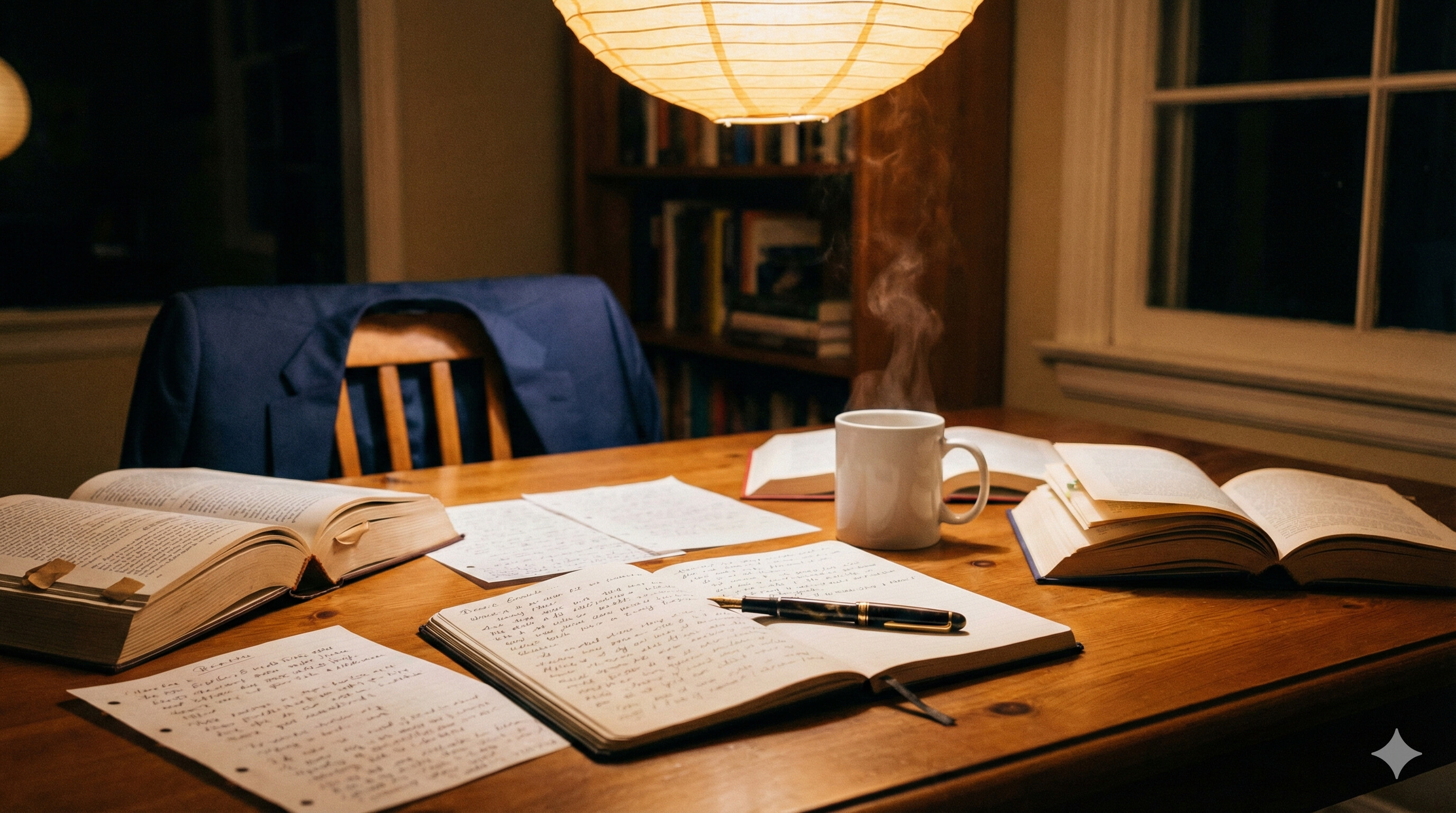 Desk scattered with open books, handwritten pages and a steaming mug, suit jacket hanging on chair