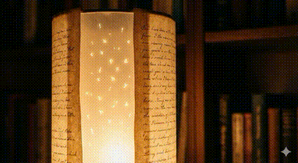 Close view of a handmade paper lantern, glowing from within with tiny floating letters