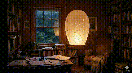 Warm wooden study at night, paper lantern glowing over a desk covered in drafts and notebooks