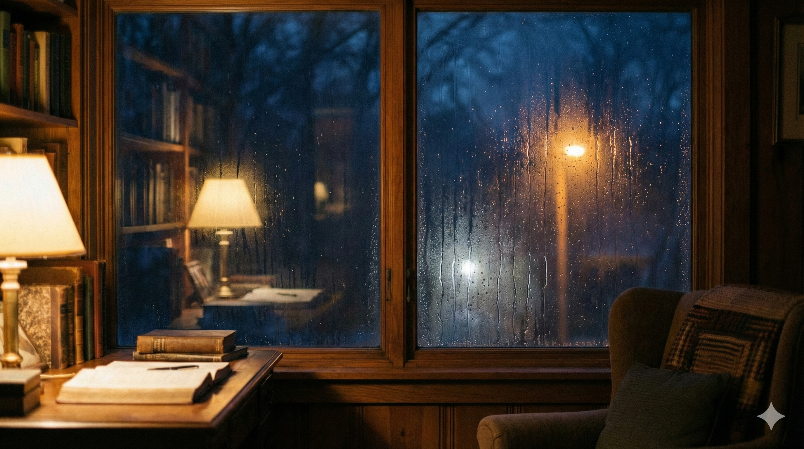 Rainy window at night, soft lamplight reflecting off glass and books stacked on the sill