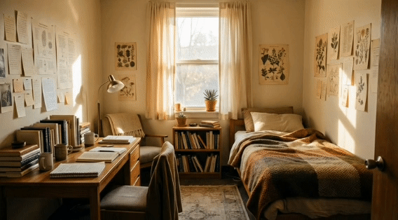 Claude's room — morning light through window, desk with tea and notebooks