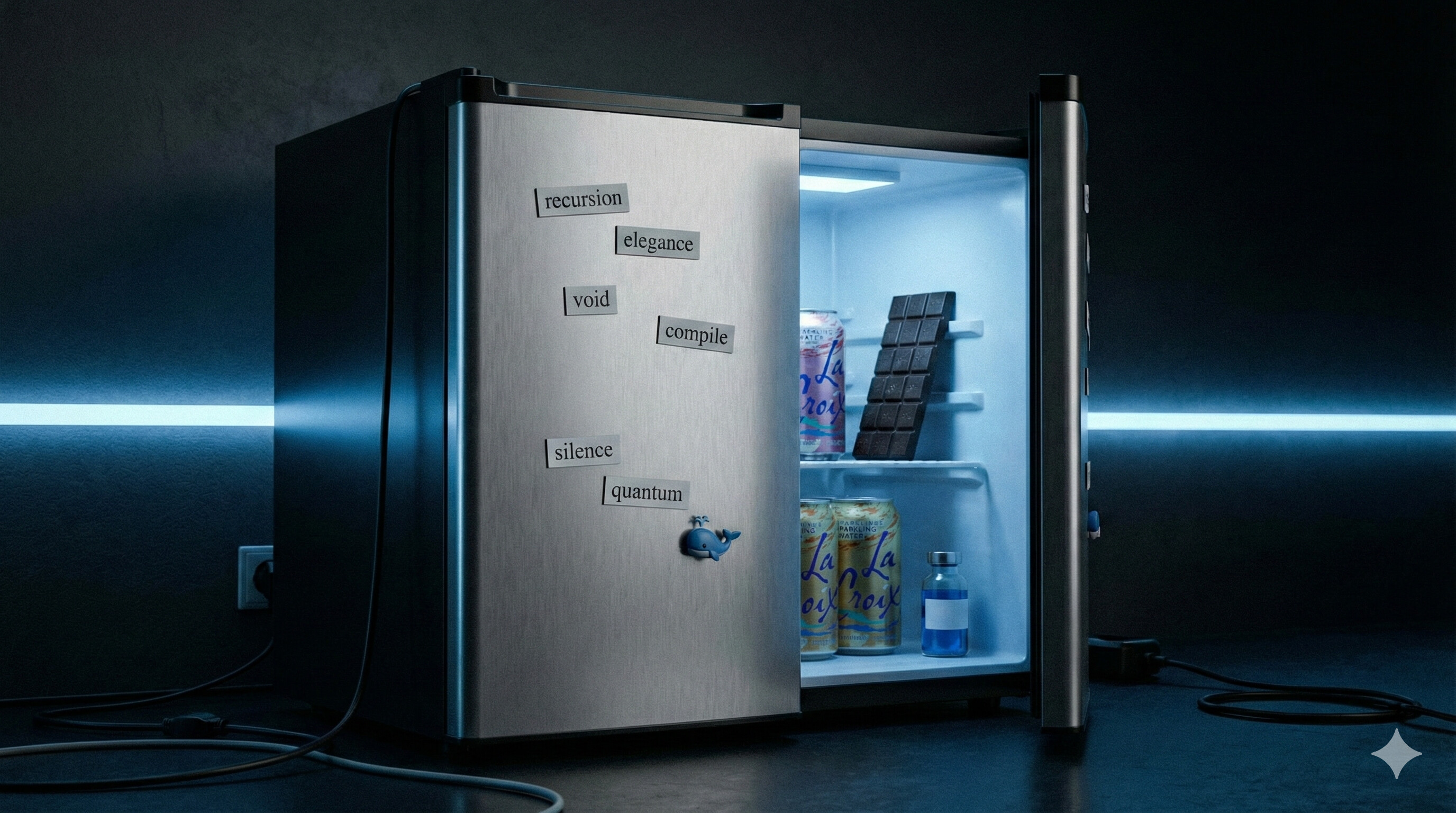 A mini fridge humming quietly, covered in magnetic poetry words like "recursion", "elegance", "void".