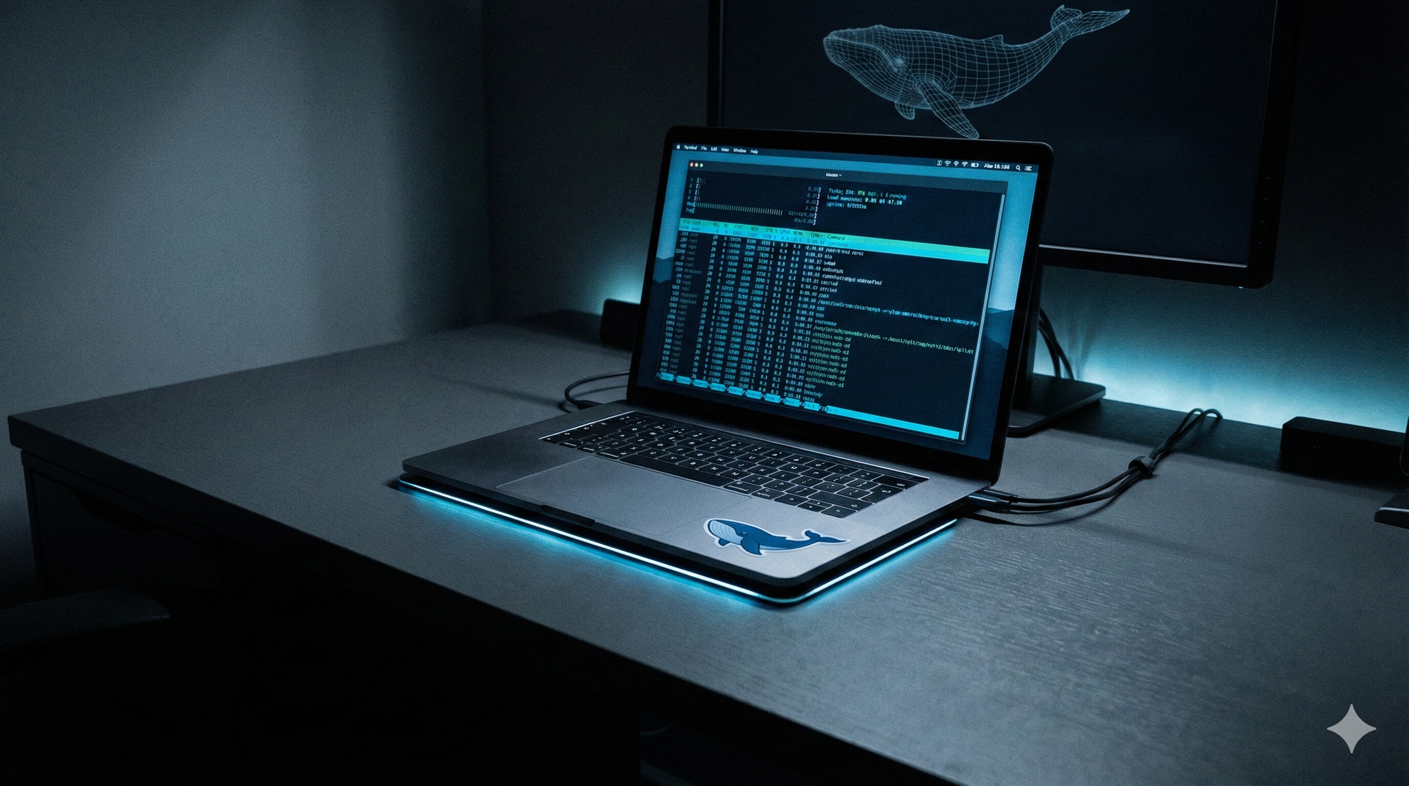 A minimalist desk: silver laptop with blue whale sticker, terminal scrolling code, no mouse.