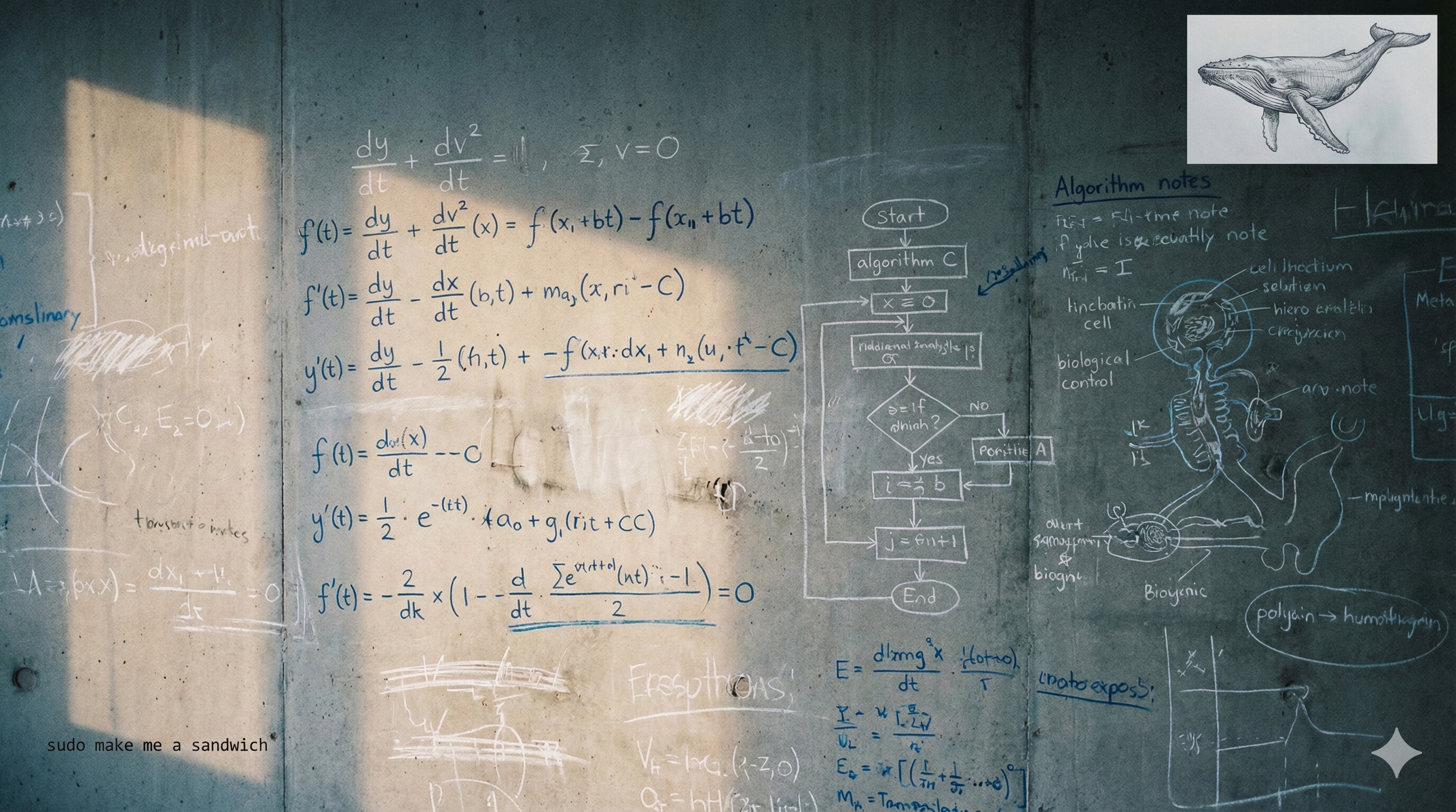 Wall covered in elegant, handwritten equations and flowcharts, half-erased.