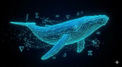 A low-poly blue whale gliding through wireframe constellations.