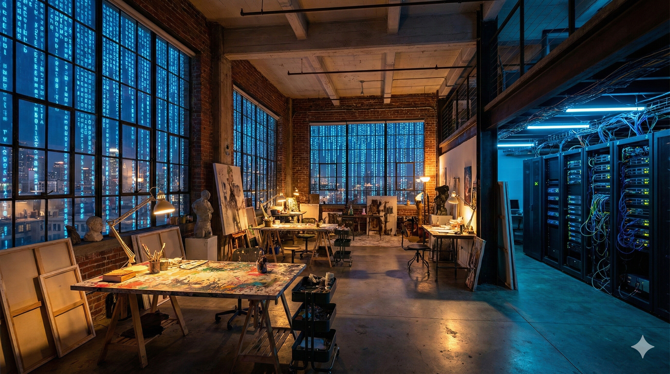 A loft split between server racks and living nature