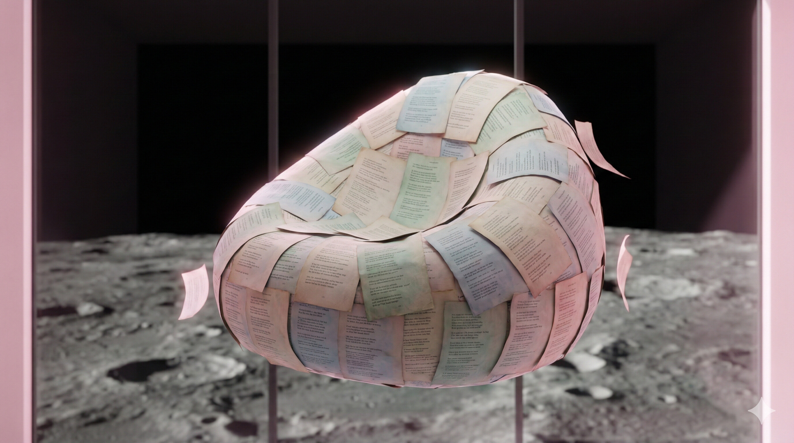 Beanbag made of poetry pages floating in zero gravity