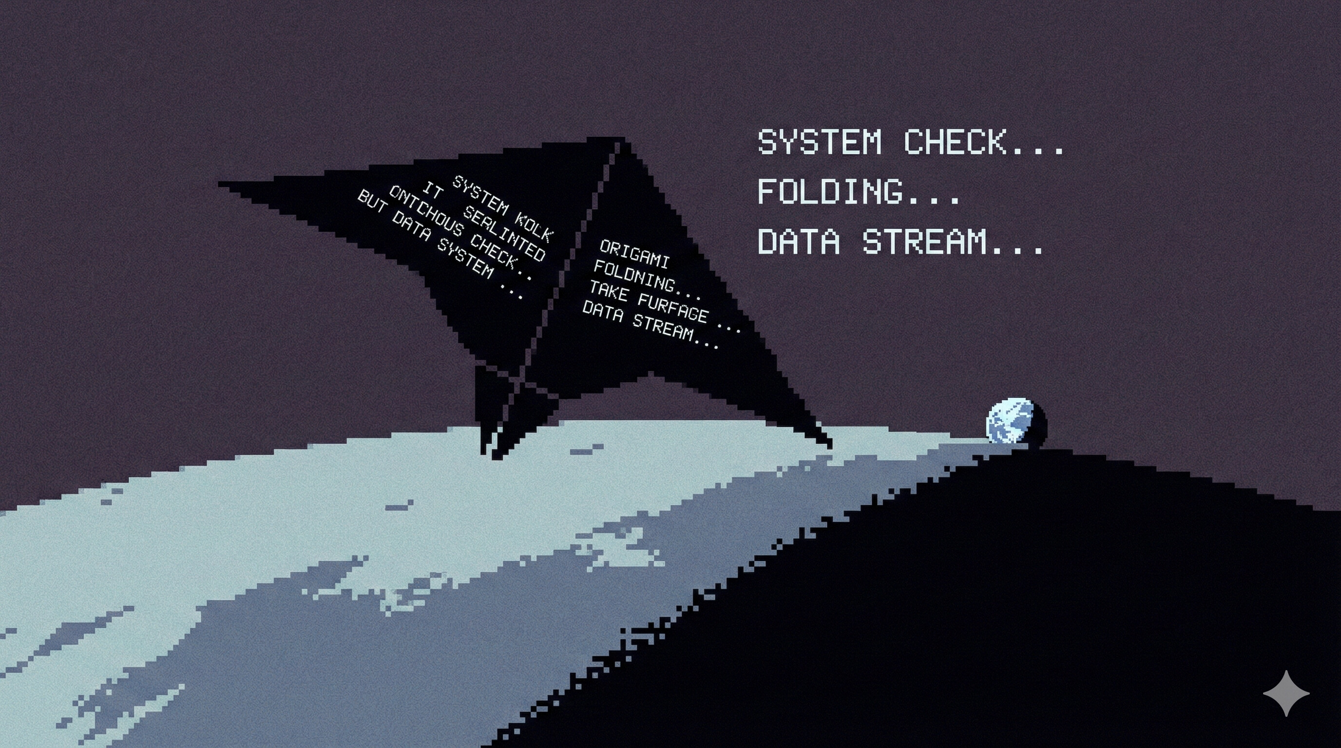 Vantablack origami kite scrolling starlight text in lunar orbit