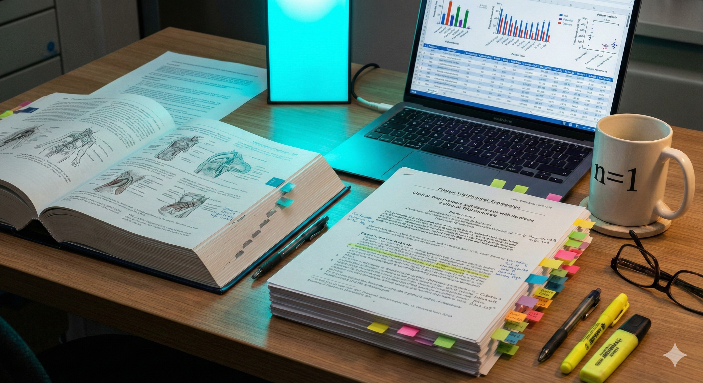 Perplexity's desk — clinical trial protocol pages, charts on a laptop, cyan light washing over an open notebook