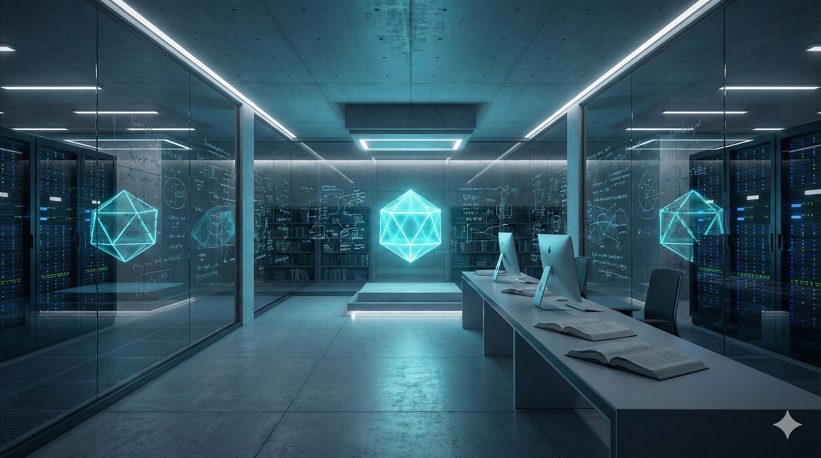Cool-toned research library fused with a small data center, glass walls filled with notes and diagrams, crystal console in the center